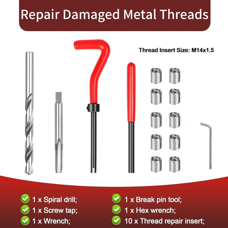 JUSTHERE 15 Pcs Thread Inserts M14x1.5 Female Thread Repairing Accessory Assortment Kit, Helicoil Thread Repair Kit, Drill Helicoil Repair Kit, for Automotive and Mechanical Maintenanc - Image 2